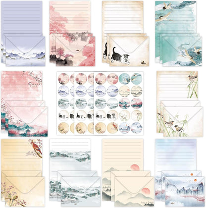 JasCherry 50 Sheets of Stationery with Envelopes, 10 Ddesigns of Stationery with 3 Sticker Sheets, Elegant Stationery Set for Invitation Cards, Congratulations Cards, Set B
