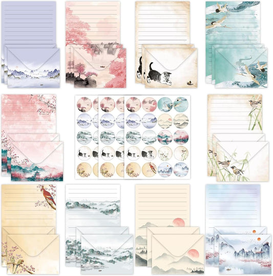 JasCherry 50 Sheets of Stationery with Envelopes, 10 Ddesigns of Stationery with 3 Sticker Sheets, Elegant Stationery Set for Invitation Cards, Congratulations Cards, Set B