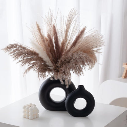 Sawoake Black Donut Vase Set of 2,Modern Home Decor, Round Matte Pampas Grass Vase, Neutral Boho Nordic Minimalism Style Flower Vases for Living Room Wedding Dinner Table Party Office Bedroom