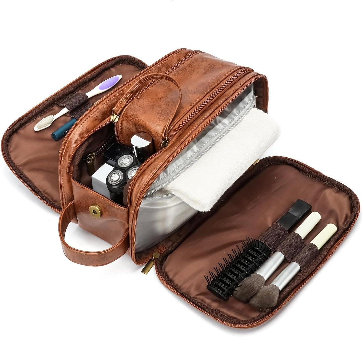 Laripwit Travel Toiletry Bag for Men Large PU Leather Shaving Dopp Kit Water-Resistant Cosmetic Toiletries Organizer Pouch Bathroom Hygiene Case Gift for Mens Brown