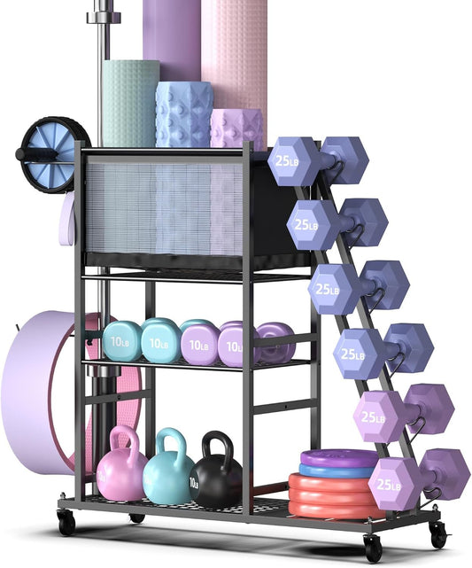 PLKOW Dumbbell Rack Stand, Home Gym Storage Rack, Weight Racks for Dumbbells, Kettlebells, Barbells,Yoga Mat,Yoga Strap, Home Gym Organizer, Workout Equipment Storage Organizer with Hooks and Wheels