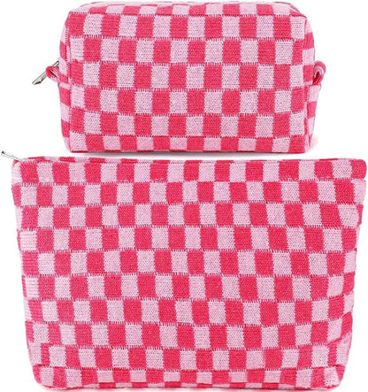 AIMALL 2PCS Checkered Makeup Bag for Purse - Portable Zipper Cosmetic Pouch, Small Travel Case for Accessories, 9.84in & 6.7in