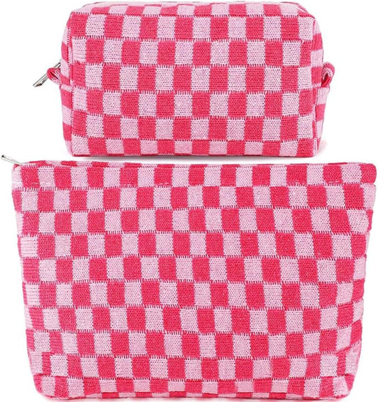 AIMALL 2PCS Checkered Makeup Bag for Purse - Portable Zipper Cosmetic Pouch, Small Travel Case for Accessories, 9.84in & 6.7in