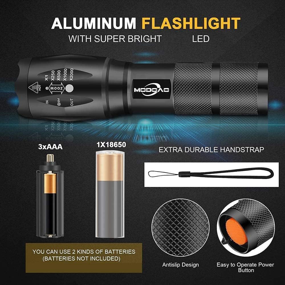 Ultra Bright Flashlights, 2000 Lumens LED Tactical Flashlight, Zoomable, Adjustable Focus, IP65 Waterproof, Portable, 5 Light Modes for Indoor and Outdoor Camping Emergency Hiking (3 Pack)