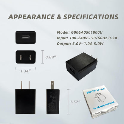 SinitoAula 5V1A USB Charger Block for Wall Outlet (UL Certified, Black, 2pcs), 5W Power Adapter Plug for Cell Phones, Tablets, Earphones, Power Banks, Smart Wearables, Toys and More Electronic Gadgets
