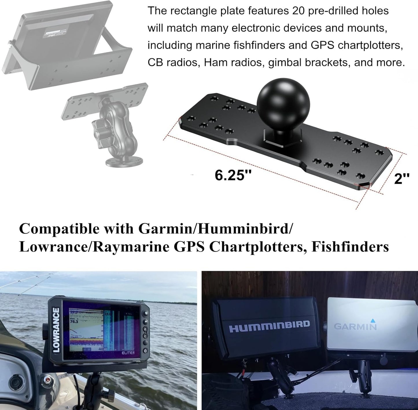 BRCOVAN Aluminum Alloy Marine Electronic Plate with 1.5'' TPU Ball for RAM Mounts C Size Double Socket Arm for Garmin/Humminbird/Lowrance GPS Chartplotters, Fishfinders and Marine Electronic Mount
