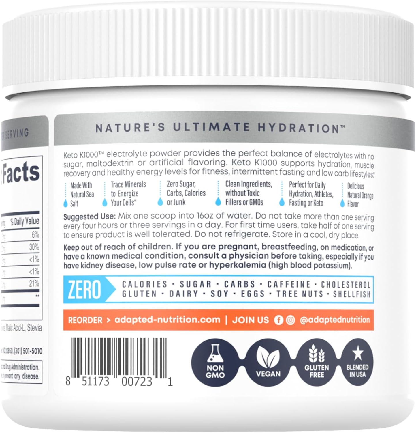 Keto K1000 Electrolyte Powder | Boost Energy & Beat Leg Cramps | No Maltodextrin or Sugar | Orange, Lighter Stevia Taste | 50 Servings
