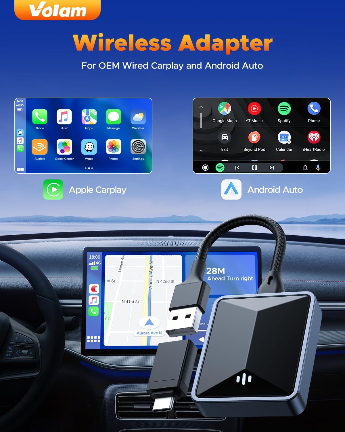 Volam Carplay Wireless Adapter, 2 in 1 A-pple Carplay Android Car Wireless Dongle with Plug and Play, High Speed 5.8 GHz, Low Latency, Compatible with Cars from 2016 Onwards, IOS 10+, Android 11+