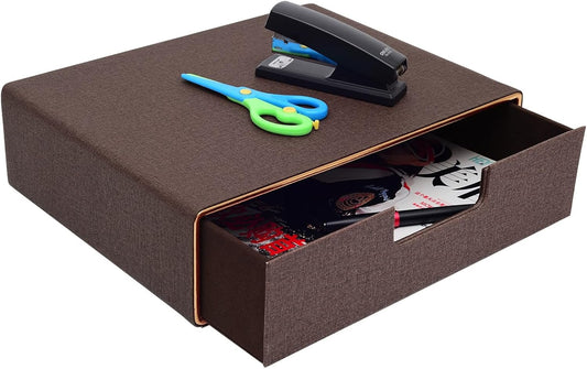 XNONE Desk organiser with 1 drawers, PU leather desk accessory and workspace organiser A4 paper sorter/multifunctional/office storage for letters, documents, mail, file storage box（ Coffee）