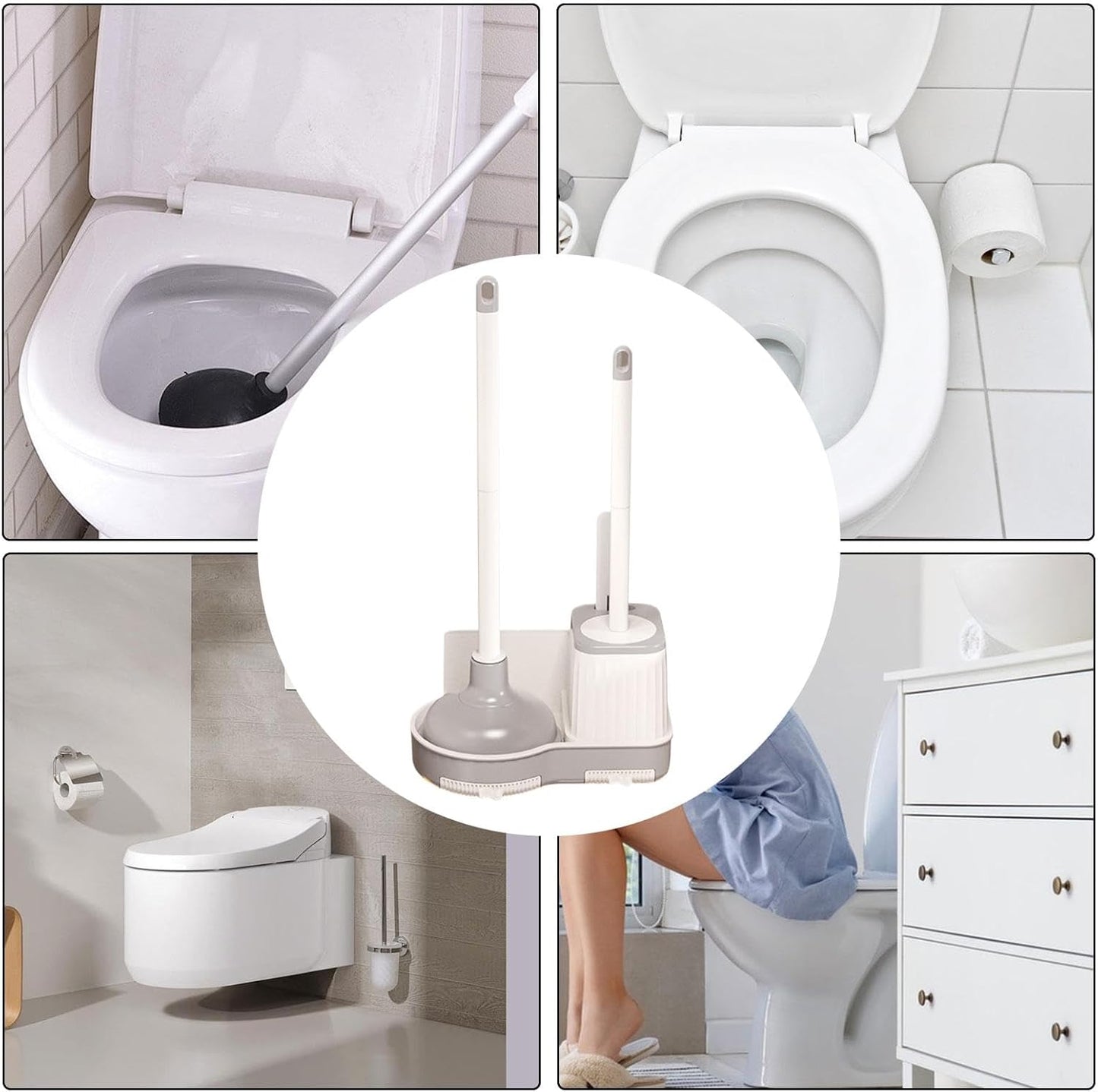 Toilet Brush and Plunger Set, Bathroom Toilet Brush with Holder, 50 x 25.5 x 1 5 cm Comfort Room Scrubber Combo for Bowl Cleaning, Essential Clean Tools at Home