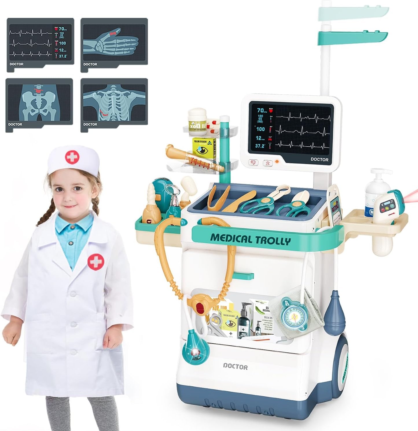 Doctor Kit for Kids 28 Accessories Pretend Medical Station Set for Boys & Girls Mobile Cart with Roleplay Doctor Costume Stethoscope for Ages 3 and Up Children Role Play Educational Toys