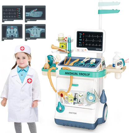 Doctor Kit for Kids 28 Accessories Pretend Medical Station Set for Boys & Girls Mobile Cart with Roleplay Doctor Costume Stethoscope for Ages 3 and Up Children Role Play Educational Toys