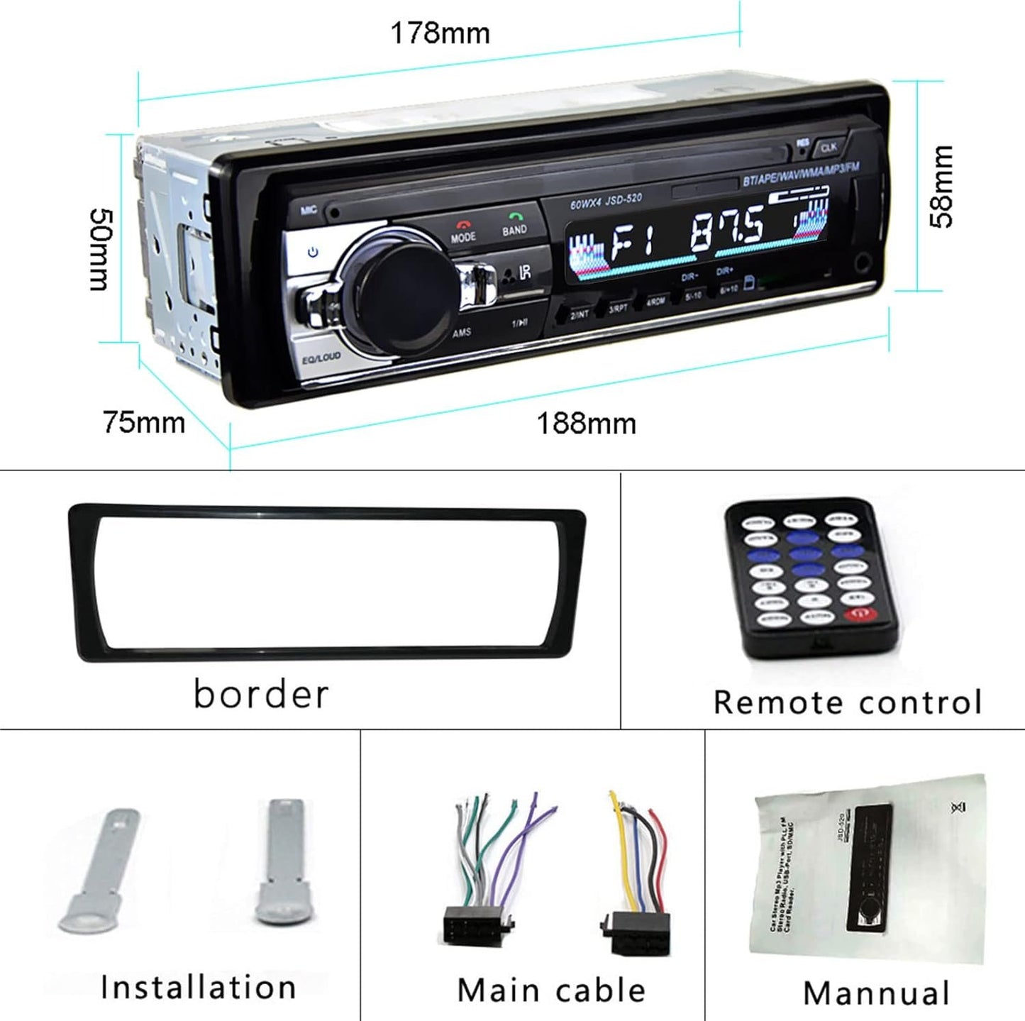 1 DIN Car Stereo Bluetooth Car Stereo, Single Din MP3 Player FM Radio Hands-Free Bluetooth 1 DIN Universal Support EQ/USB/TF/SD/AUX Audio Receiver + Remote Control
