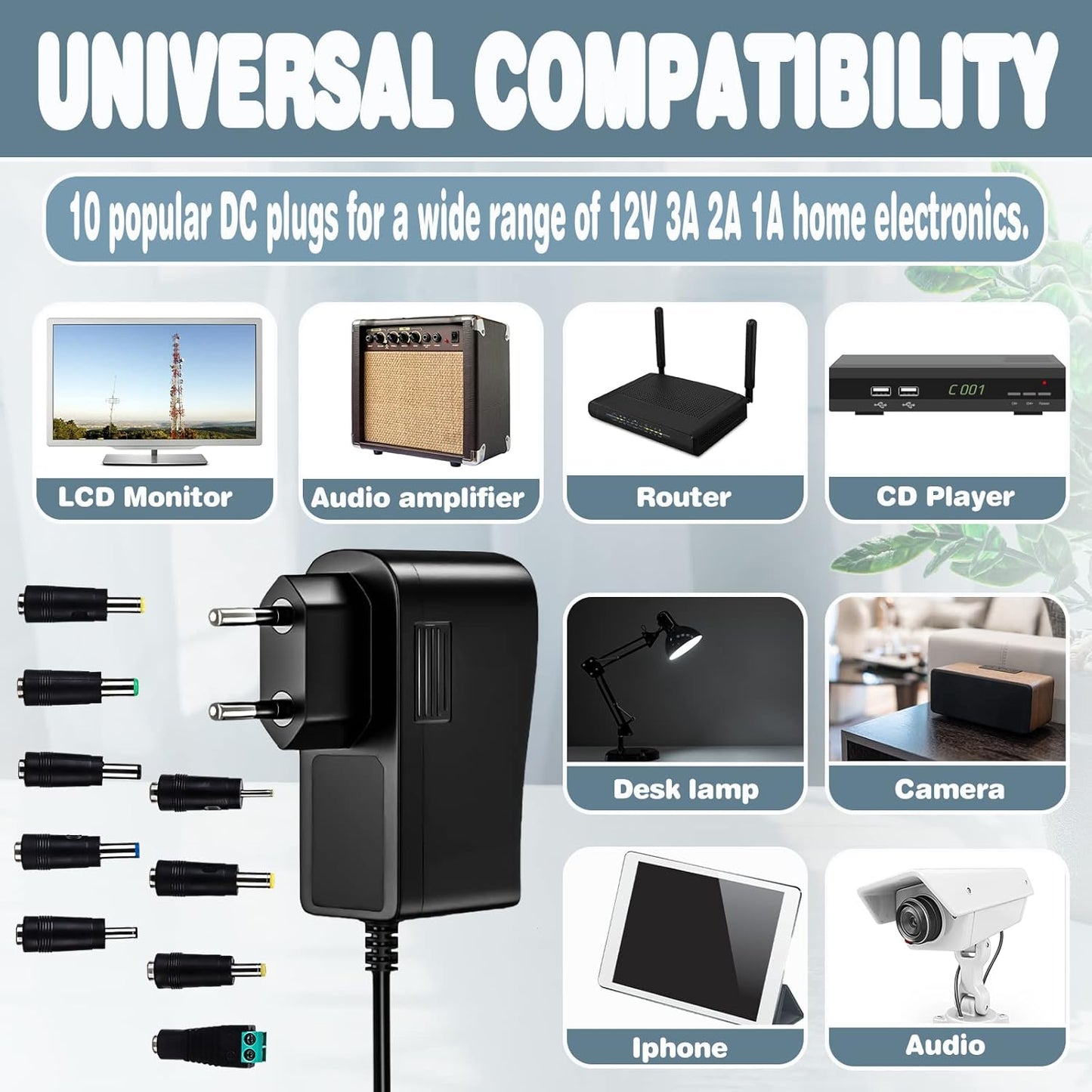 Universal AC/DC Adapter: 12V 3A 36W Power Supply Power Supply Transformer with 9 Plug Adapters, Power Driver Adapters, Home Electronics Converters and LED Strips