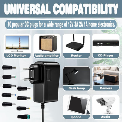 Universal AC/DC Adapter: 12V 3A 36W Power Supply Power Supply Transformer with 9 Plug Adapters, Power Driver Adapters, Home Electronics Converters and LED Strips