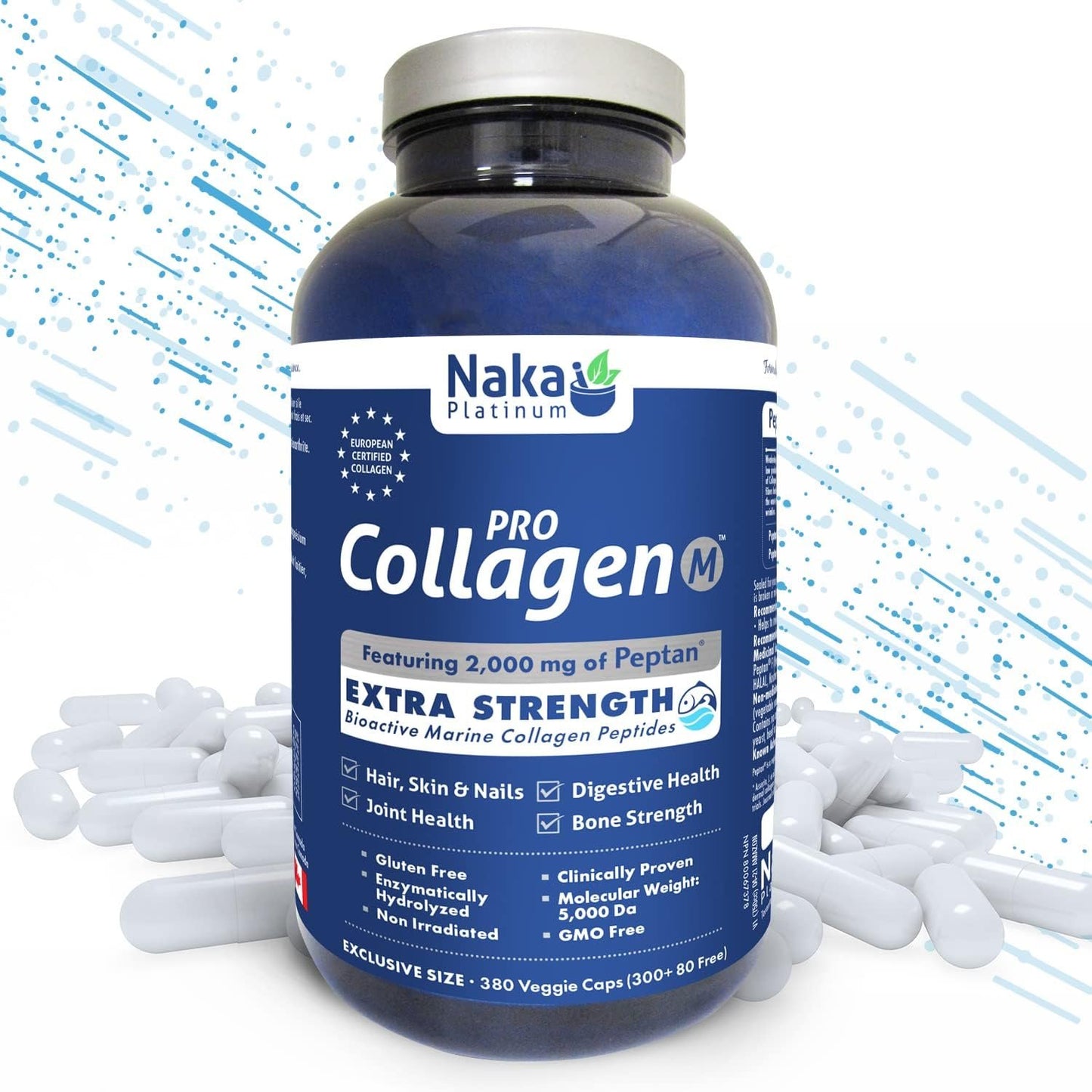 Naka Pro Marine Collagen 380 Capsules -2000 mg of Collagen Peptides Protein Supplement to Support Joints, Hair, Skin and Nails- Made in Canada