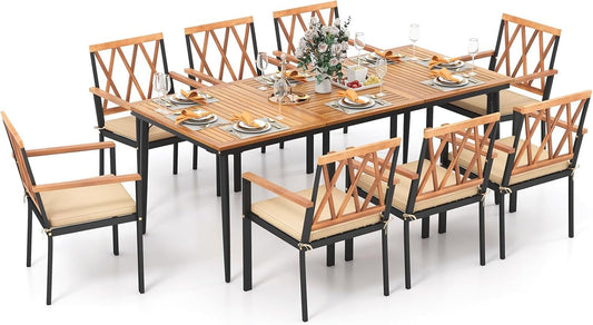 Tangkula 9-Piece Patio Dining Set, Outdoor Acacia Wood Dining Table with 1.9" Umbrella Hole& 8 Dining Chairs with Cross Hollow Back and Seat Cushions, for Garden, Porch, Deck, Natural