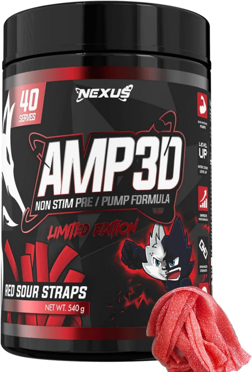 Nexus AMP3D Non-Stim Pre Workout Powder Supplement, 13 Active Ingredients, L-citrulline/Beta Alanine/GlycerSize - 1500mg, Dairy & Gluten-Free, Zero Fat, Low Sugar, 40 Servings (540g), Red Sour Straps