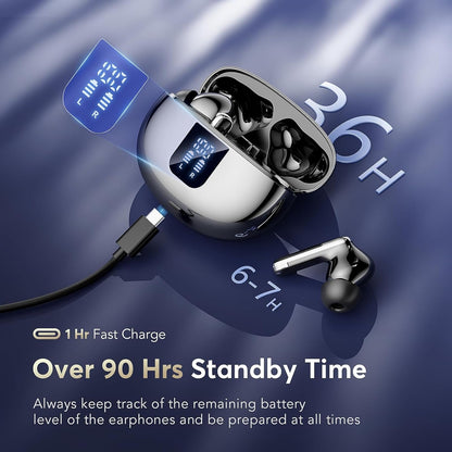 Wireless Earbuds, Bluetooth 5.4 Headphones HiFi Stereo with 4 HD Mics, 2025 Active Noise Cancelling Earbuds, 36H Playtime and LED Display in Ear Earphones, IP7 Waterproof Wireless Headphones, Black