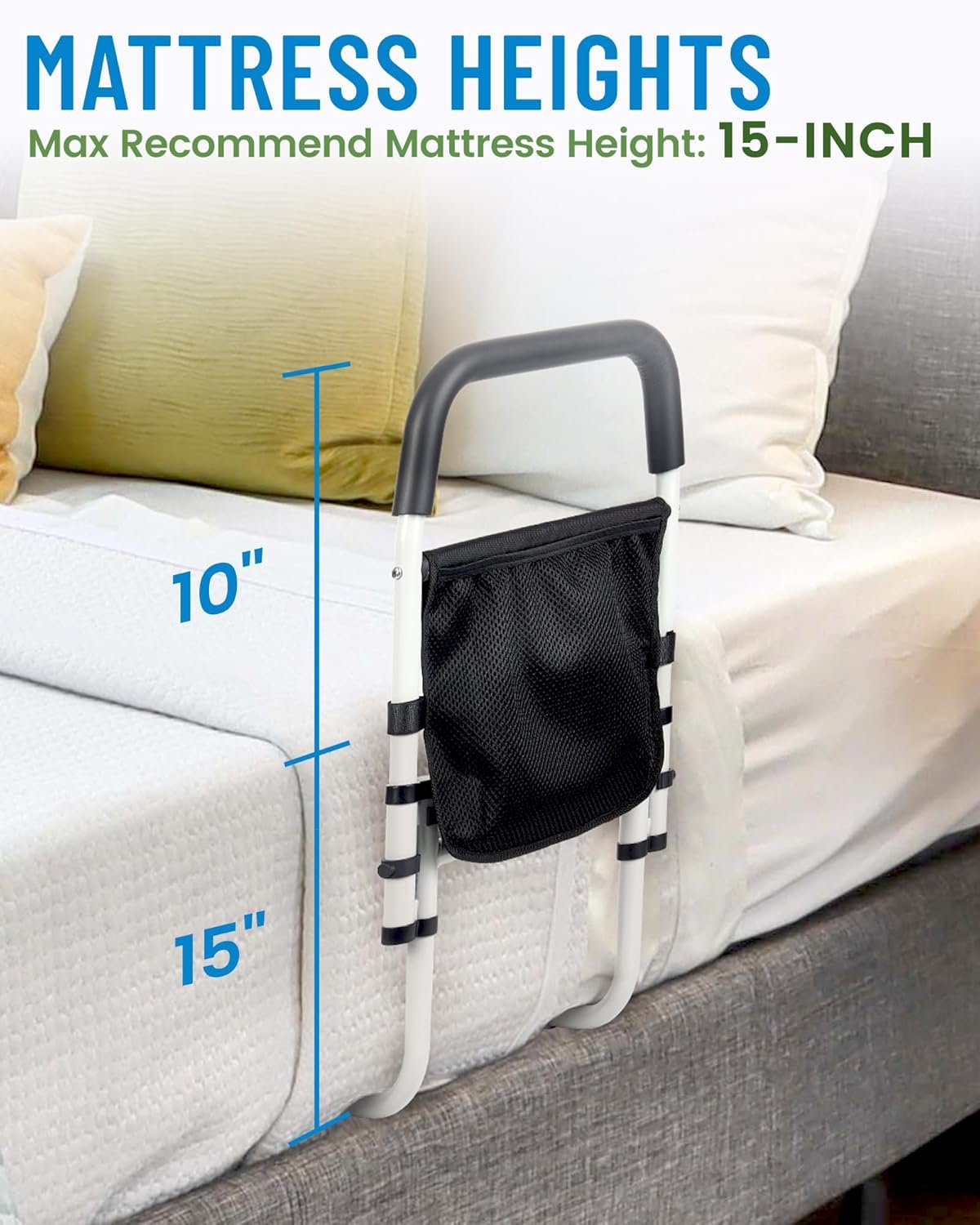 STABASE Bed Rail for Elderly Adults, Adjustable Safety Assist Rail with Storage Pocket, Sturdy Design Supports up to 136 kg, Fits Single, Double, Queen & King Beds, Tool-Free Installation