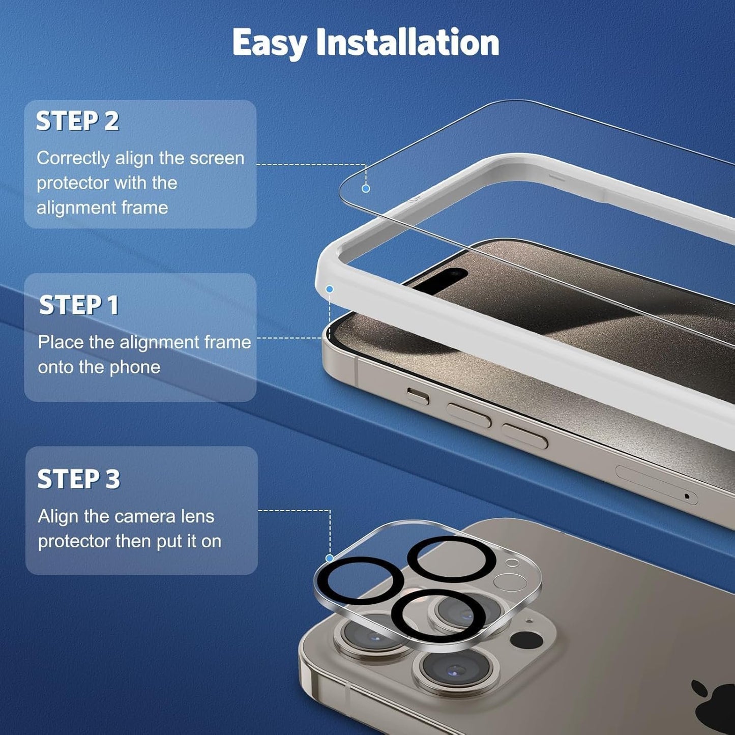 OMOTON Screen Protector for iPhone 15 Pro, 3 Pack Tempered Glass Screen Protector with 3 Pack Camera Lens Protector for iPhone 15 Pro 6.1-inch, Case Friendly/Easy Installation with Alignment Framework