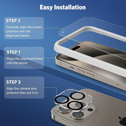 OMOTON Screen Protector for iPhone 15 Pro, 3 Pack Tempered Glass Screen Protector with 3 Pack Camera Lens Protector for iPhone 15 Pro 6.1-inch, Case Friendly/Easy Installation with Alignment Framework