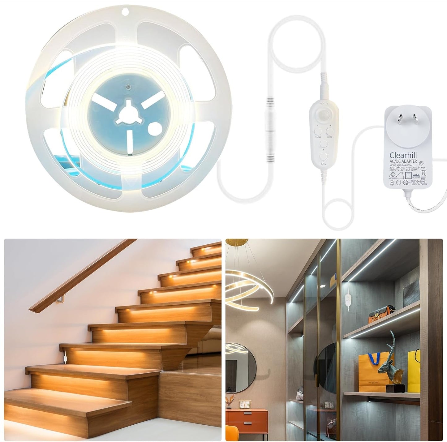 Clearhill 12V PIR Movement Sensor Dimmable Flexible LED Strip Lights,with 12V Power Adapter Included,16.4FT/5M,Natural White 4000K,8mm Width,320LEDs/M,Not Waterproof IP 20,for Closet Light Cabinet