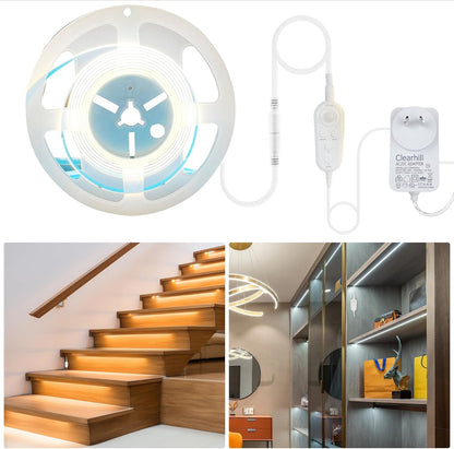 Clearhill 12V PIR Movement Sensor Dimmable Flexible LED Strip Lights,with 12V Power Adapter Included,16.4FT/5M,Natural White 4000K,8mm Width,320LEDs/M,Not Waterproof IP 20,for Closet Light Cabinet