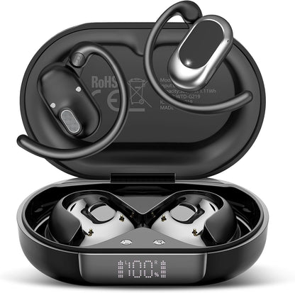 STECEi Open Ear Headphones, Bluetooth 5.4 Earphones 36H Playtime Air Conduction Headphones with Mic, Adjustable Earhook Earbuds with ENC Clear Calls/LED Display, IPX7 Waterproof Open Ear Earbuds Black