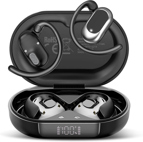 STECEi Open Ear Headphones, Bluetooth 5.4 Earphones 36H Playtime Air Conduction Headphones with Mic, Adjustable Earhook Earbuds with ENC Clear Calls/LED Display, IPX7 Waterproof Open Ear Earbuds Black