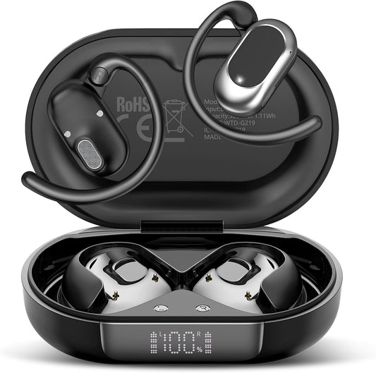 STECEi Open Ear Headphones, Bluetooth 5.4 Earphones 36H Playtime Air Conduction Headphones with Mic, Adjustable Earhook Earbuds with ENC Clear Calls/LED Display, IPX7 Waterproof Open Ear Earbuds Black