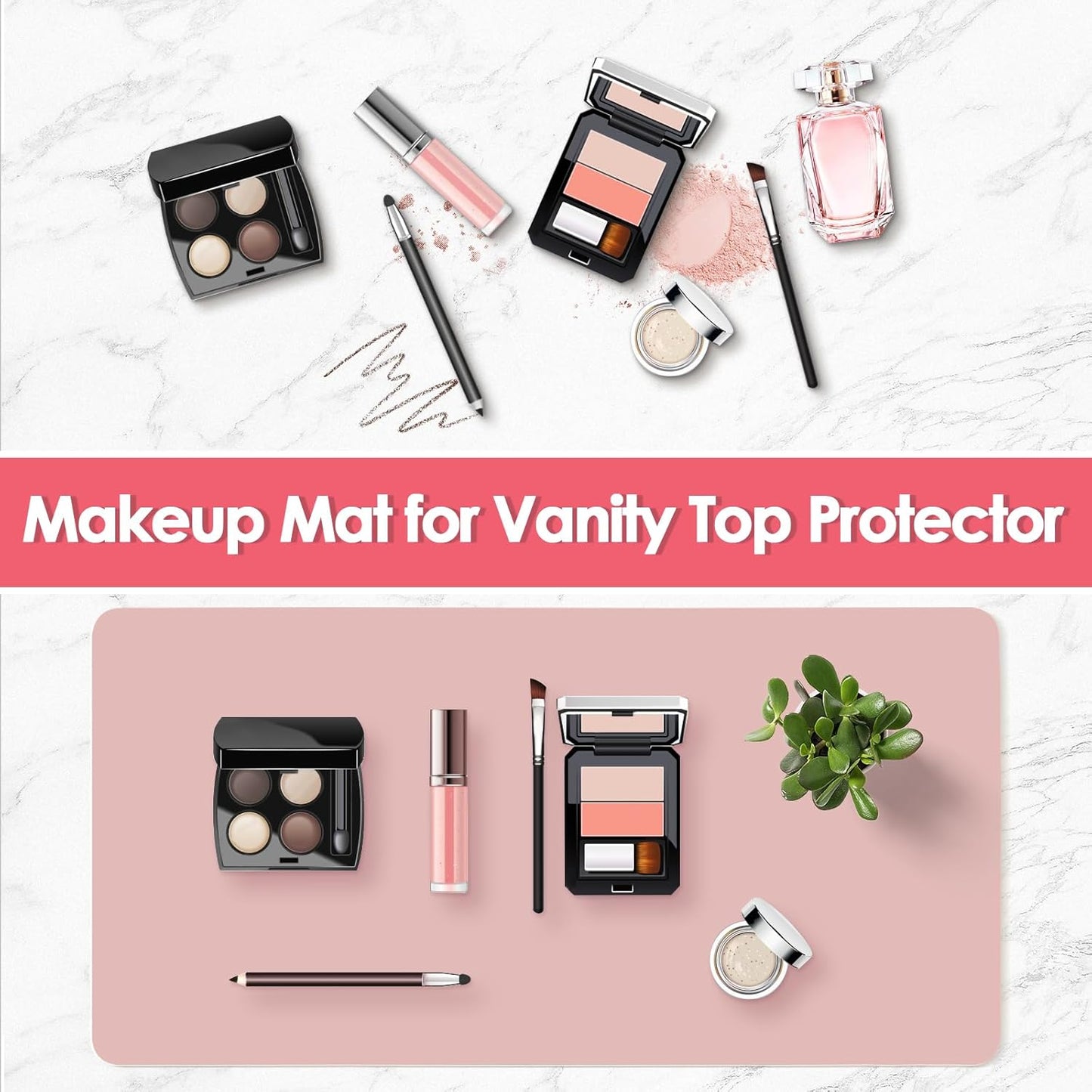 Makeup Mat for Vanity to Protect Desk Top, Dual-Sided Makeup Mat, Easy to Clean Desk Pad - Waterproof and Oilproof Vanity Accessories, 23.6 x 11.8 in (Pink and Silver)