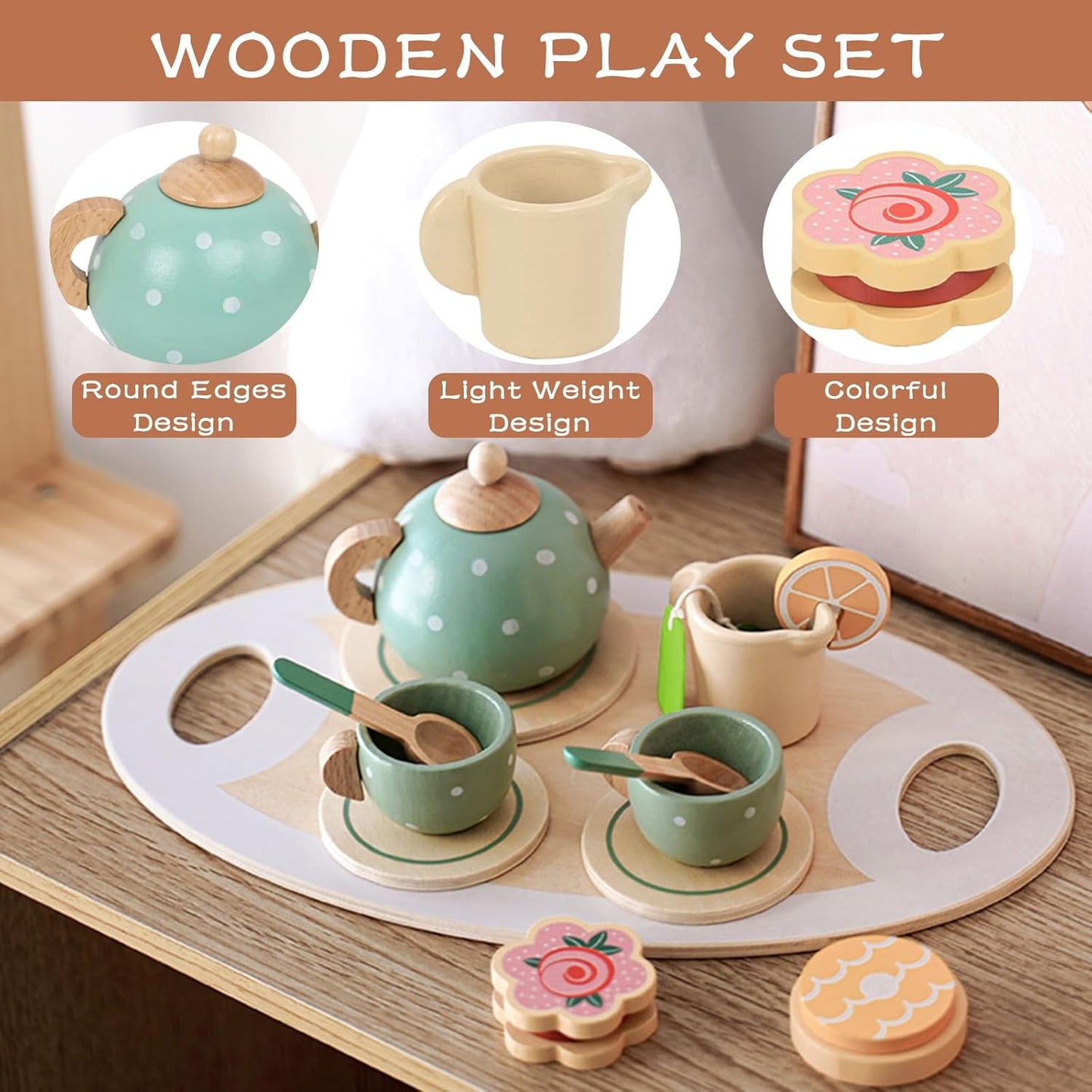YUNCHY Tea Party Set for Kids Wooden Tea Set for Little Girl and Boy, Toddler Food Pretend Play Accessories Kitchen Playset Wooden Toys 3 4 5 Year Old Girl Christmas Birthday Gift