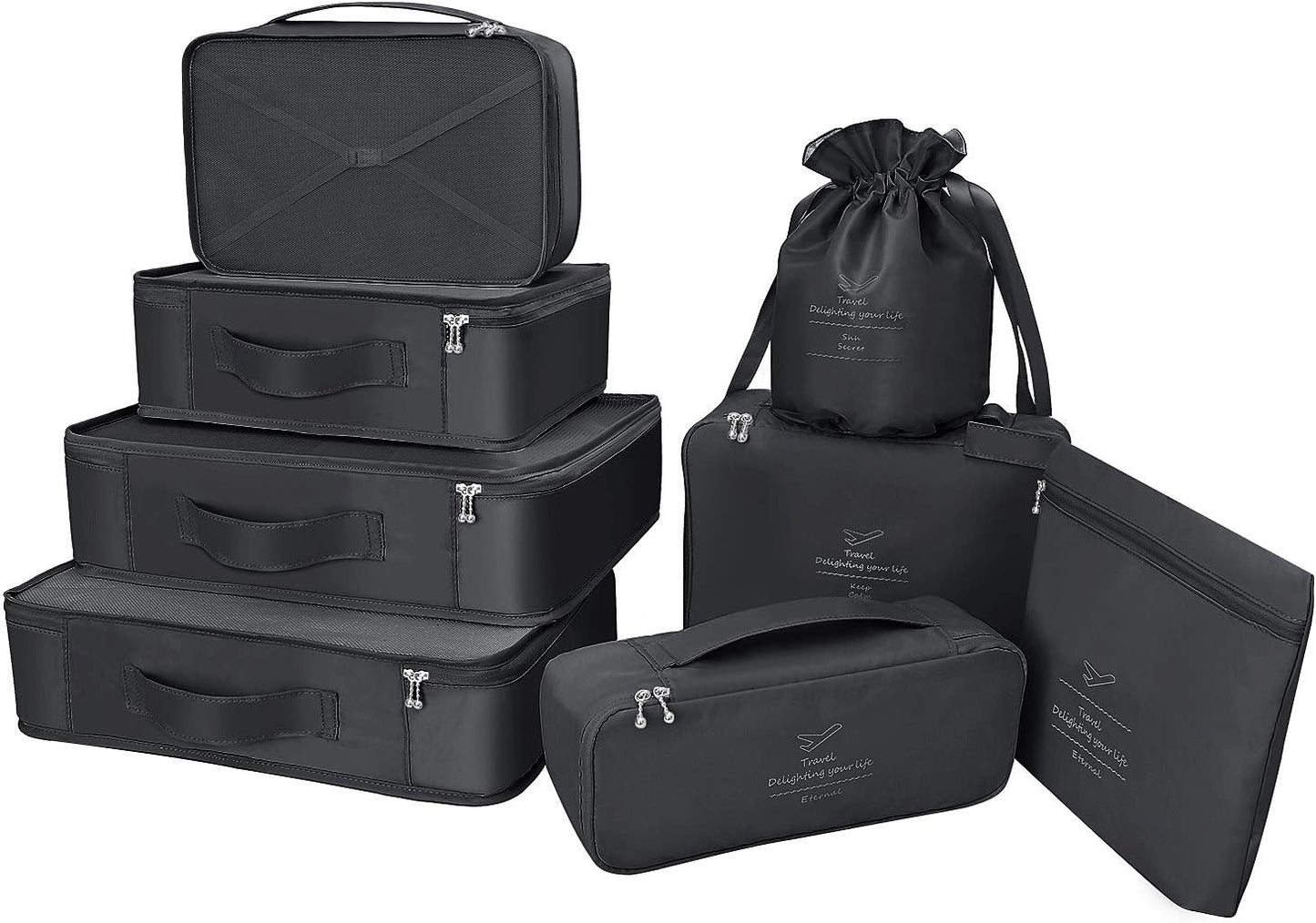 Suitcase Organizer 8 Pieces Latest Travel Design Travel Organizers Include Waterproof Storage Bag Shoe Compression Bags for Travel, Black, S M L