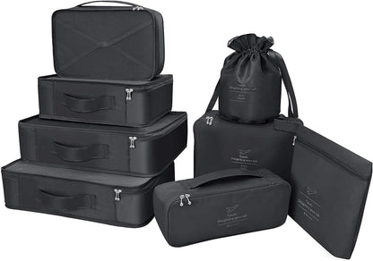 Suitcase Organizer 8 Pieces Latest Travel Design Travel Organizers Include Waterproof Storage Bag Shoe Compression Bags for Travel, Black, S M L