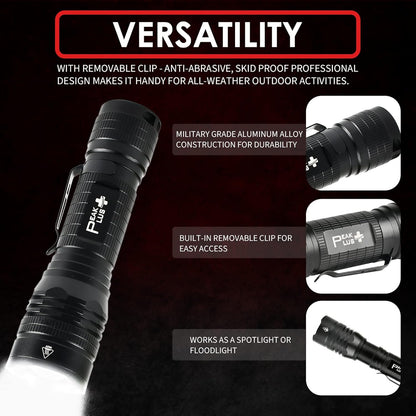 PeakPlus LED Tactical Flashlight PTAC1000 [2 Pack] Single Mode, High Lumen, Zoomable, Water Resistant, Flash Light - Camping, Outdoor, Emergency, Everyday Flashlights with Clip