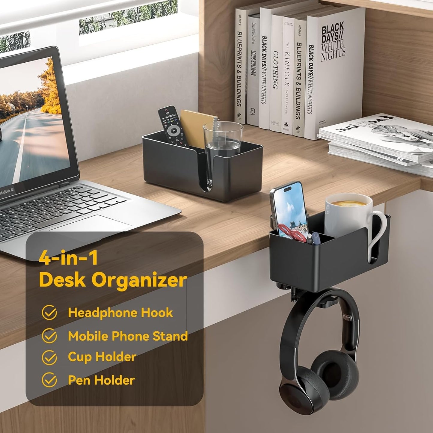 KDD 4 in 1 Desk Organizer - Under Desk Headphone Hook with 2 Wire Holes - Rotating Headphone Hanger and Detachable Storage for Cup, Phone and Pen(Black)