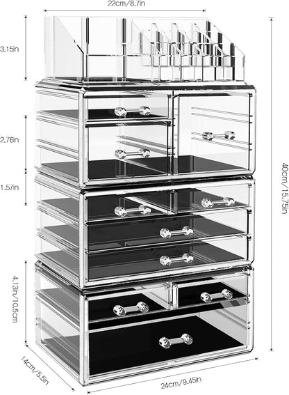 DILIBRA Acrylic Makeup Organizer, Stackable Clear Cosmetic Display Case with 10 Drawers, Large Skin Care Storage Organizer Display Box for Jewelry Hair Accessories Vanity Bathroom Counter Dresser