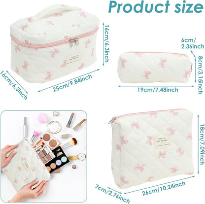 3 Pcs Makeup Bag Cosmetic Bag Cute Cotton Large Quilted Travel Makeup Pouch Multifunctional Cosmetic Pouch Set for Women Girls Ladies (Pink)
