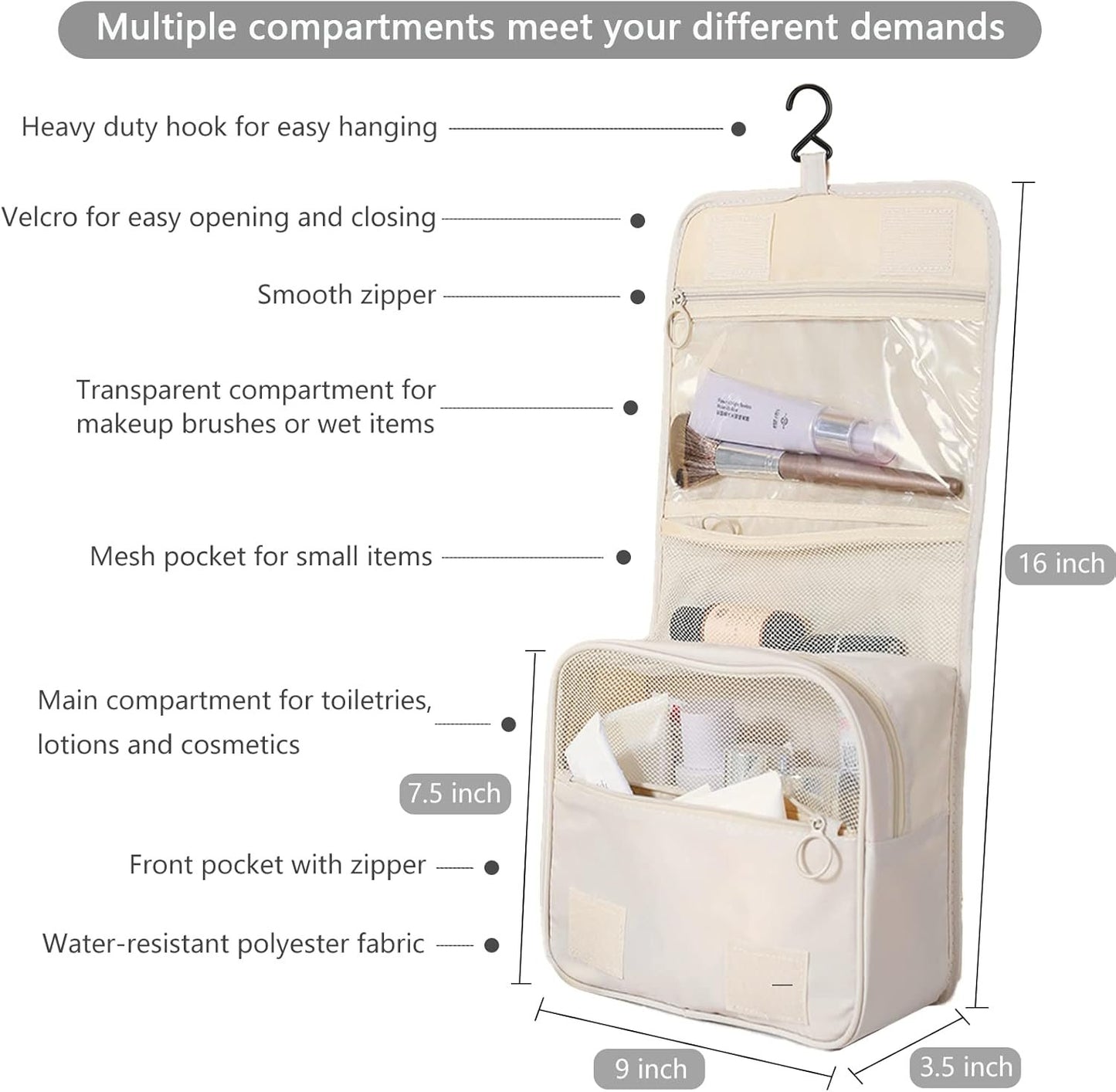 Makeup Bag Organizer Hanging Travel Toiletry Bag for Women, Water-Resistant Cosmetic Bag for Girls, Travel Make Up Bag for Accessories Toiletries, Beige, Travel Toiletry Bag