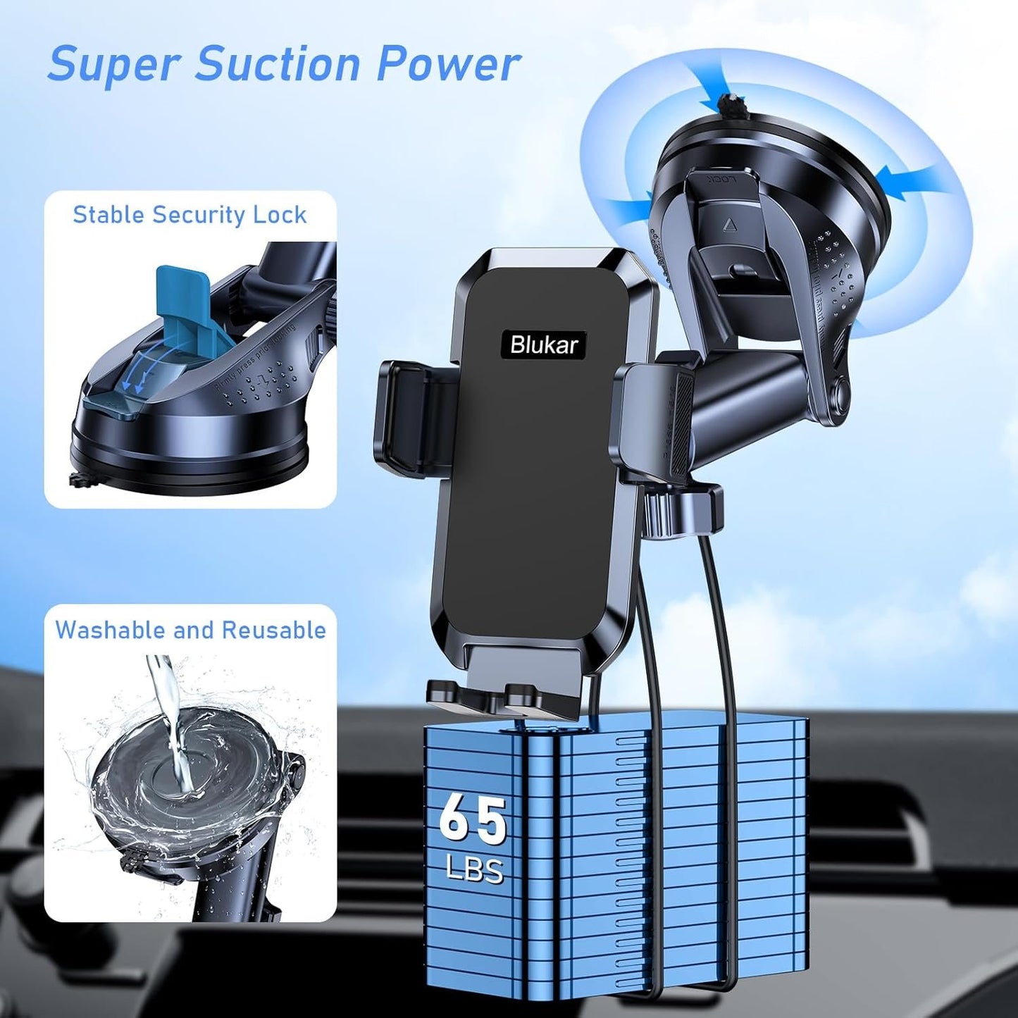 Blukar Phone Holder Car, [Upgraded Strong Suction] Adjustable Car Phone Holders Mount for Car Dashboard/Windscreen, 360°Rotation, One Button Release, Automobile Cradle for iPhone Android Smartphones