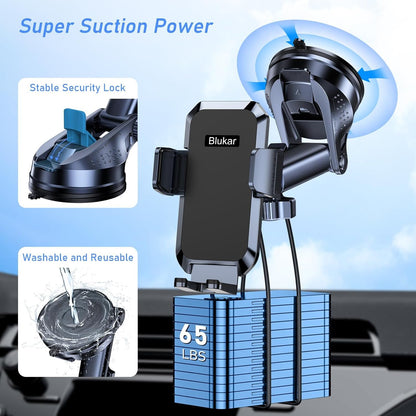 Blukar Phone Holder Car, [Upgraded Strong Suction] Adjustable Car Phone Holders Mount for Car Dashboard/Windscreen, 360°Rotation, One Button Release, Automobile Cradle for iPhone Android Smartphones