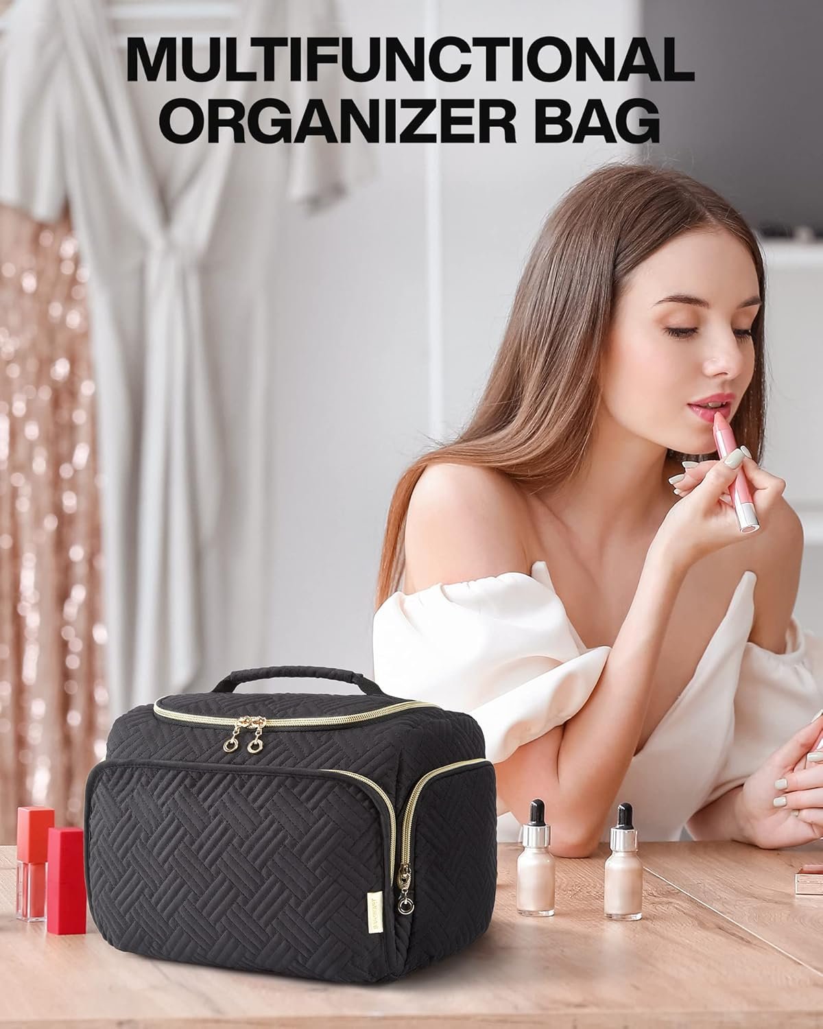 BAGSMART Travel Toiletry Bag, Large Wide-Open Travel Bag for Toiletries, Makeup Cosmetic Travel Bag with Handle, Black-L