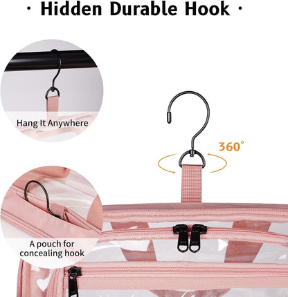 ECOHUB Clear Hanging Toiletry Bag, 9L Large Capacity Travel Makeup Bag, Waterproof Cosmetic Bag Fit Full Sized Toiletries or Cosmetics, Foldable Hygiene Bag for Makeup Accessories (Pink)