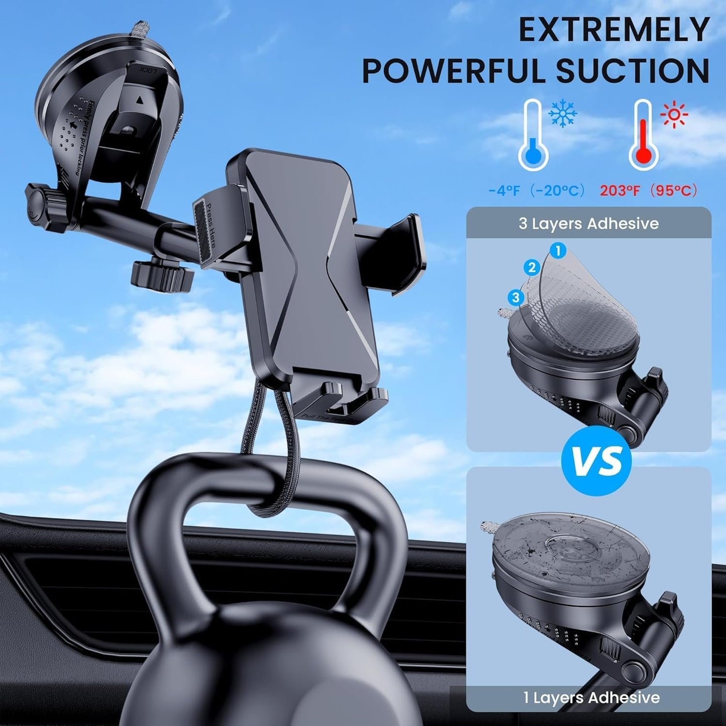 Car Phone Holder Mount, [Military-Grade Suction & Super Sturdy Base] 3 in 1 Universal Cell Phone Holder Car Dashboard Windshield Air Vent Hands Free Car Mount for iPhone Android