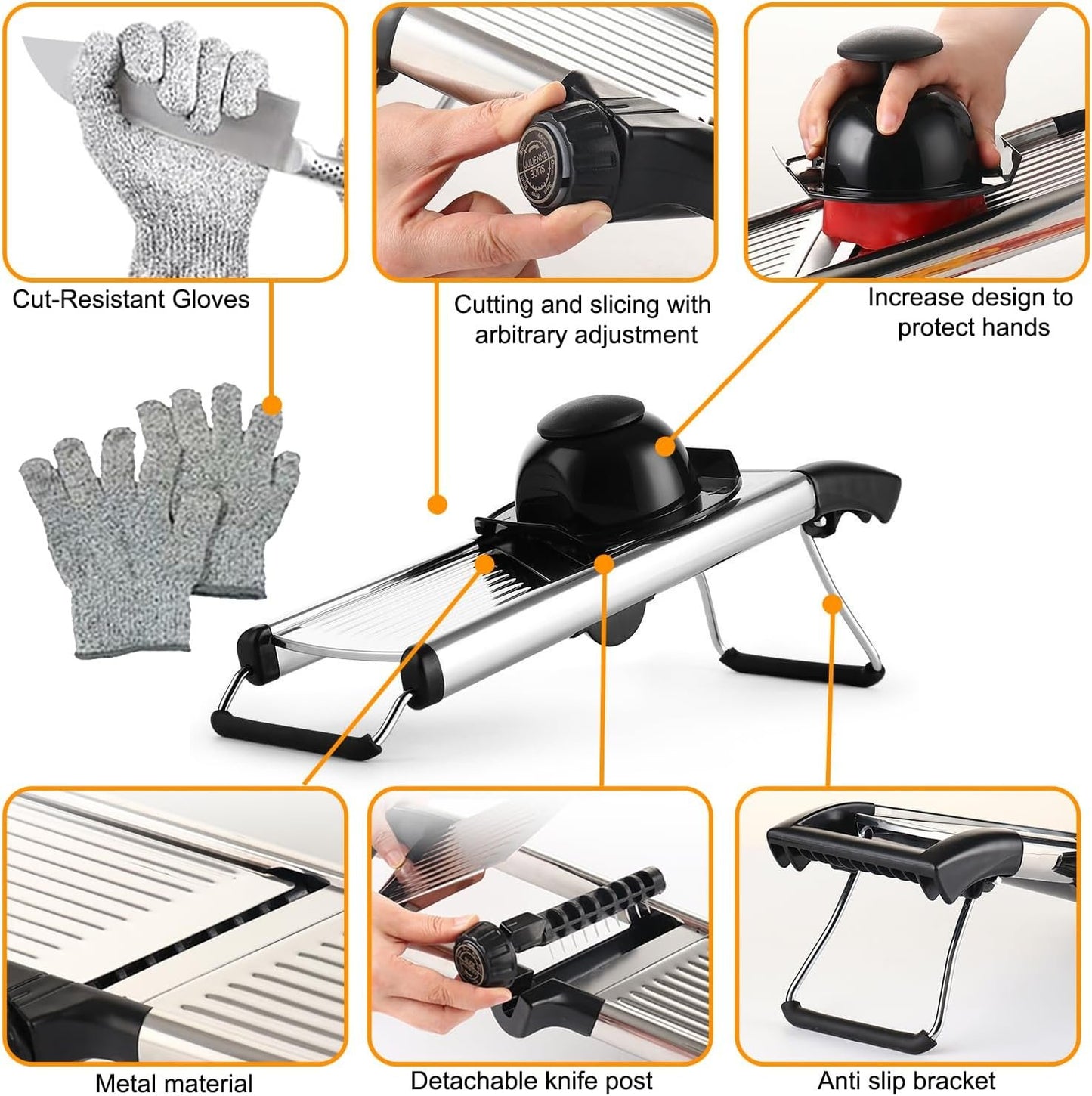 Versatile Adjustable Mandoline Slicer - Kitchen Tool for Easy Food Prep - Stainless Steel Vegetable Slicer for Cheese, Carrots, Potatoes, and More - Includes Blade Guard & Cut Resistant Gloves