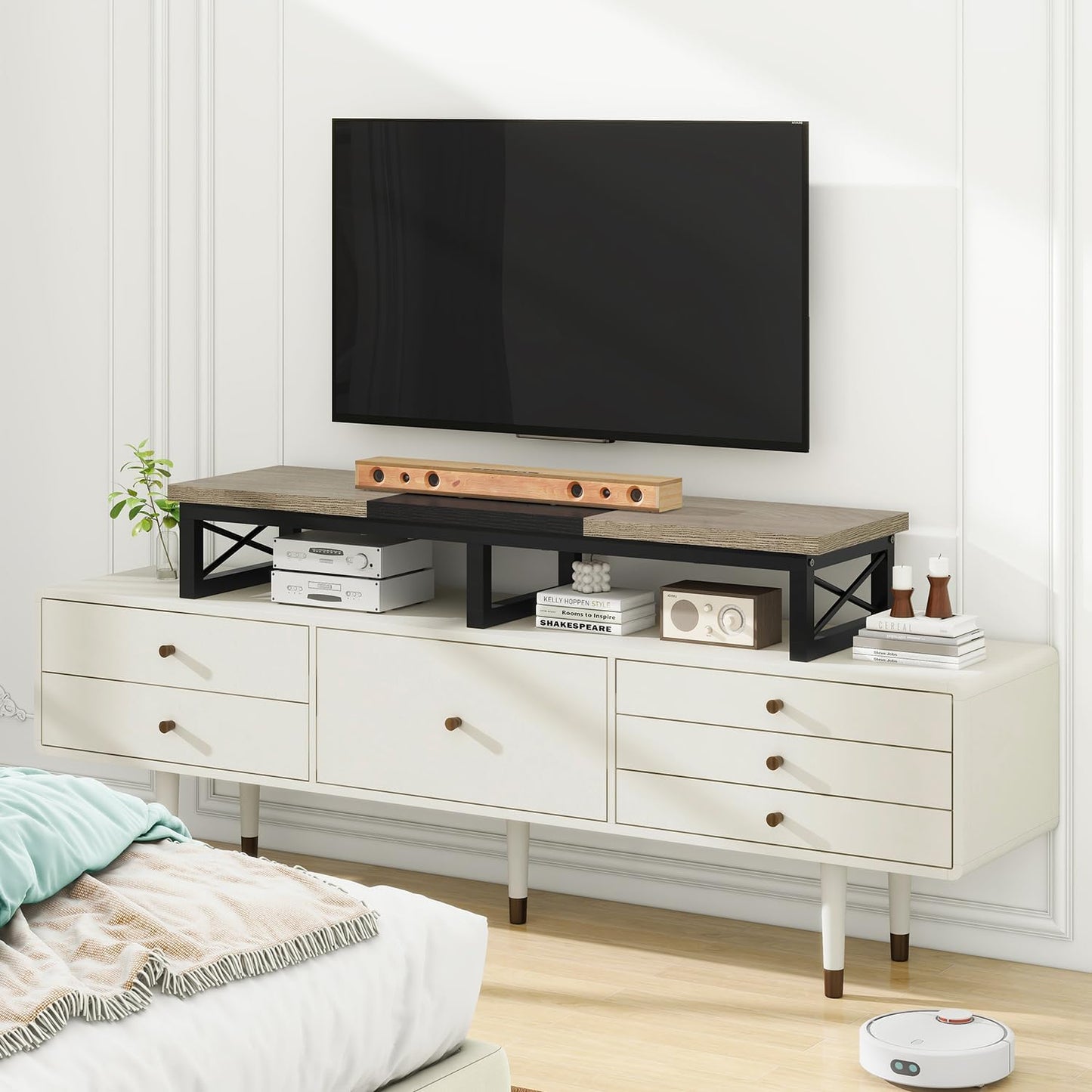 IBUYKE TVT002B 32-60 Inch TV Stand, Low Cabinet for 2 Tiers, Office Desk with Double Screen, TV Cabinet for Living Room and Bedroom, Black