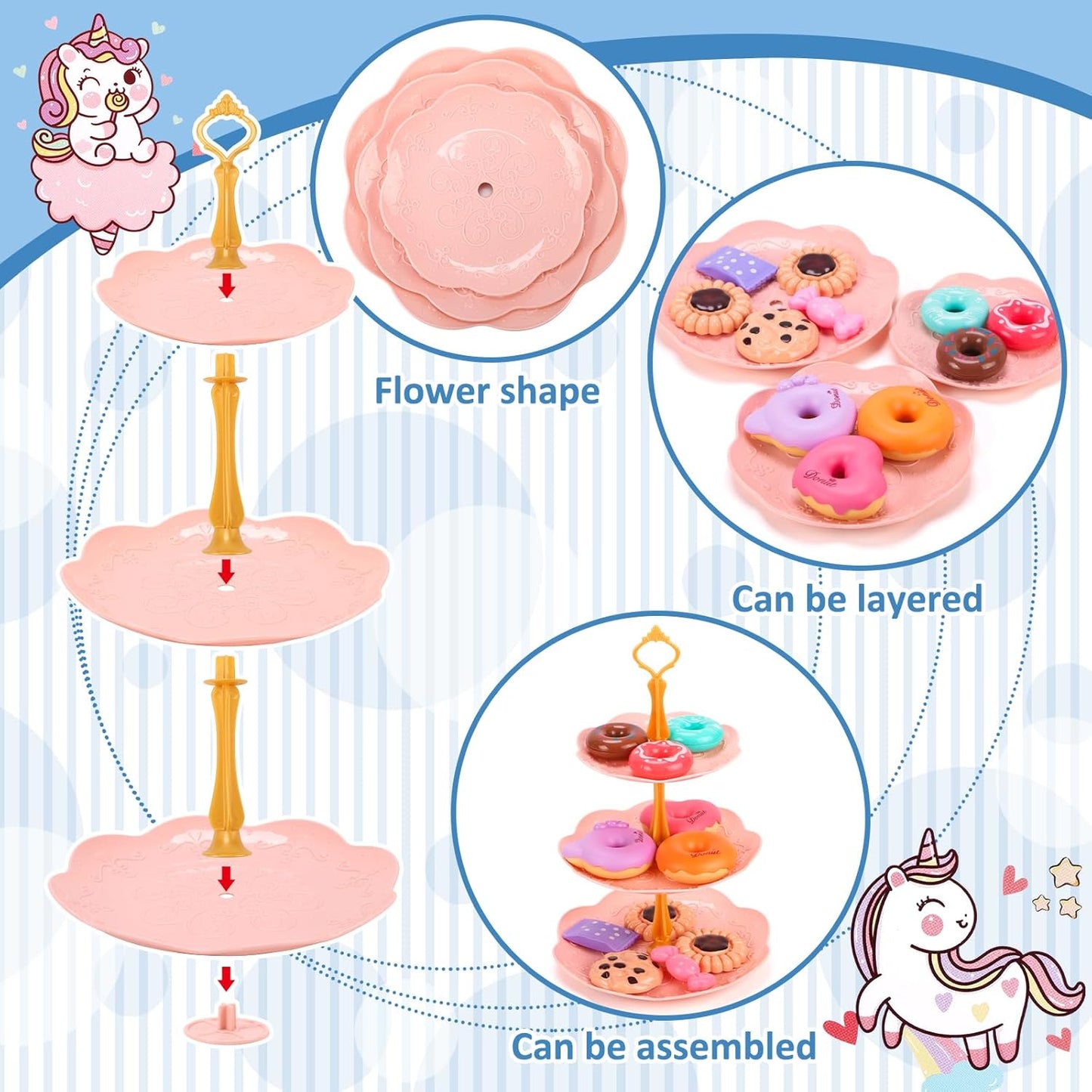 REMOKING 45PCS Unicorn Toys Tea Party Set for Girls,Birthday Gifts for Toddler Age 3+, Pretend Teapot,Dessert Playset, Carrying Case for Role Play,Princess Toy for 2-6 Year Old Kids