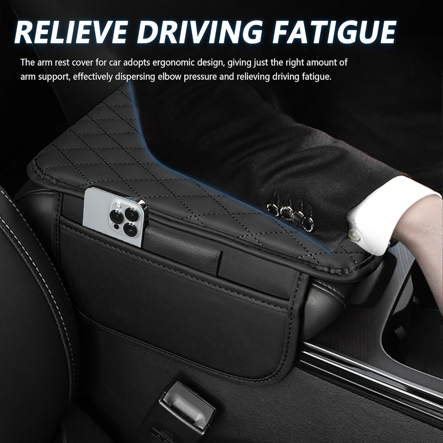 Upgraded Car Armrest Cover, Microfiber Leather Arm Rest for Car Cushion with 2 Pocket Car Organizer, Universal Car Interior Accessories for Cars SUV Trucks (Black)