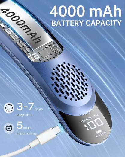 Neck Fan Rechargeable 4000mAh with 4 Turbos & LED Display, Portable Personal Cooler for Women Men, 3-Speed Bladeless 360° Cooling Fans, Stylish Gift for Gym/Travel/Office, Deep Blue